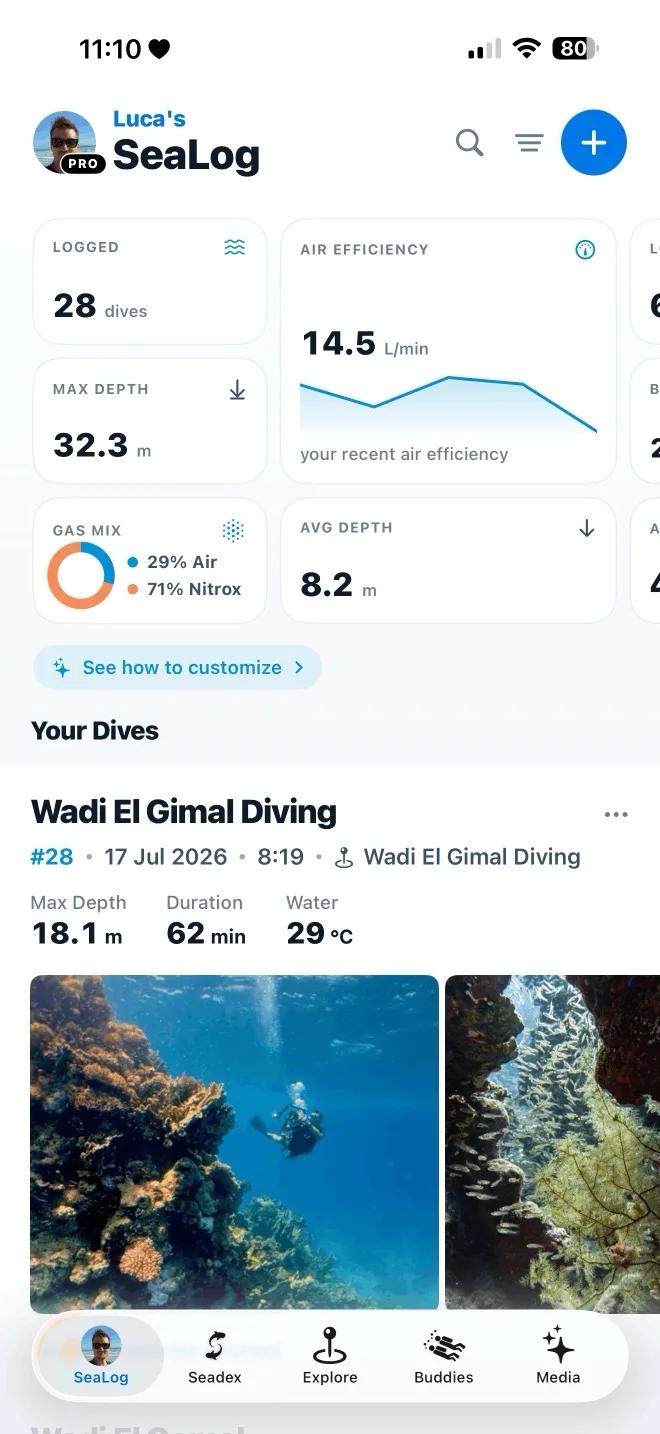 The SeaLog home screen with dive stats and the dive list